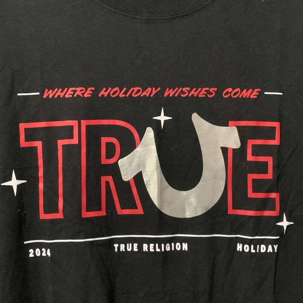 True Religion T-Shirt Mens 3XL 2024 Holiday Wishes Black Graphic EUC